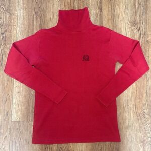 VTG Calvin Klein Sport Red Ribbed Turtleneck Top Long Sleeve Crest Logo Womens L